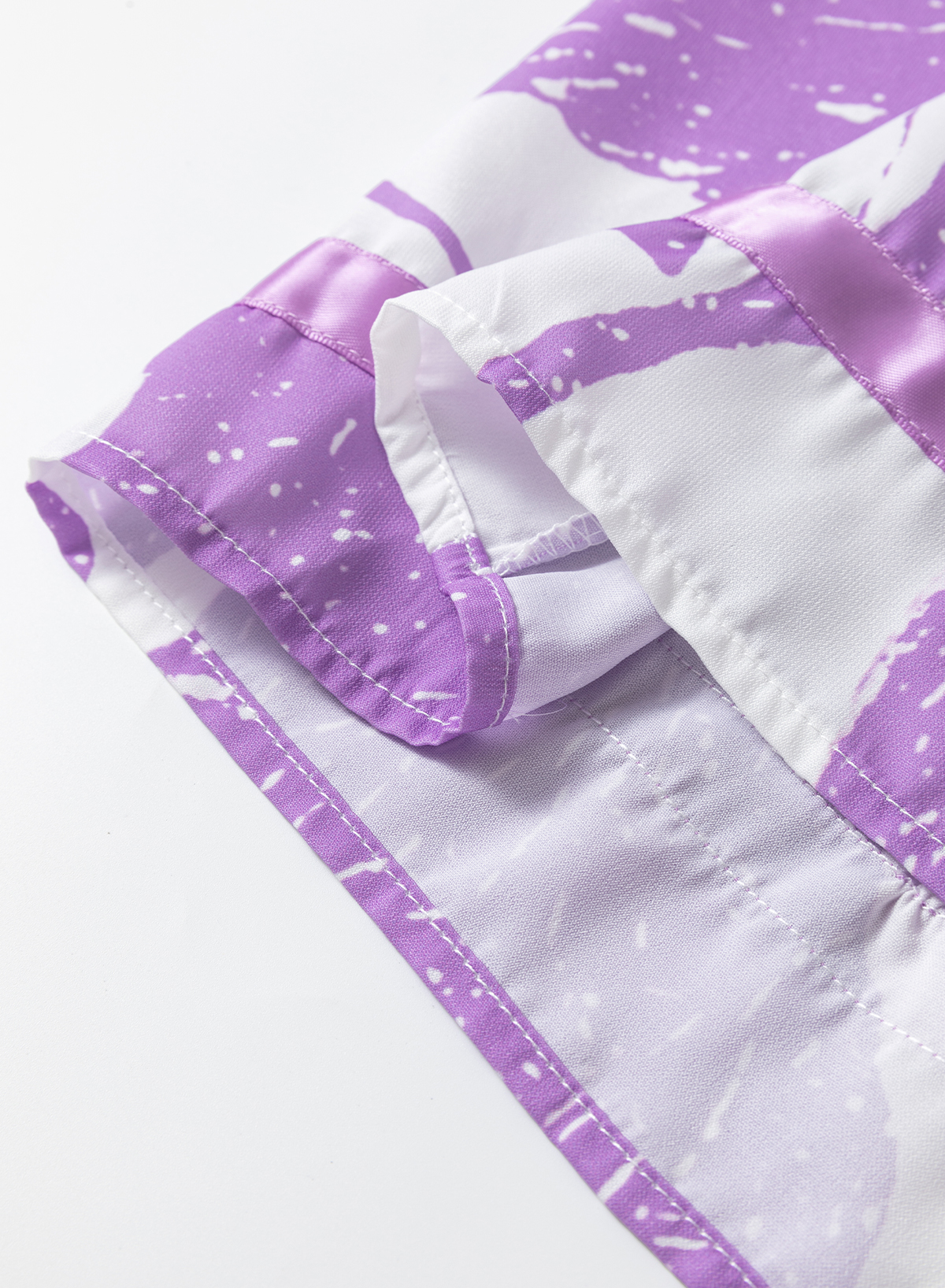 Purple Leafy Print 3/4 Sleeve Striped Trim Split Neck Blouse - loveforevers