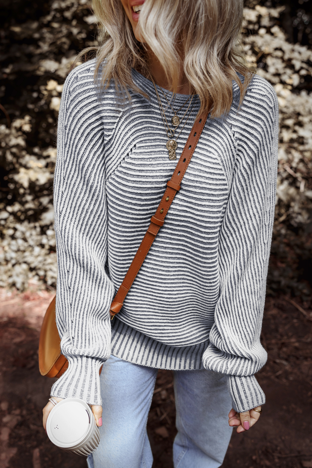 Coffee Striped Print Ribbed Knit Boat Neck Baggy Sweater - loveforevers