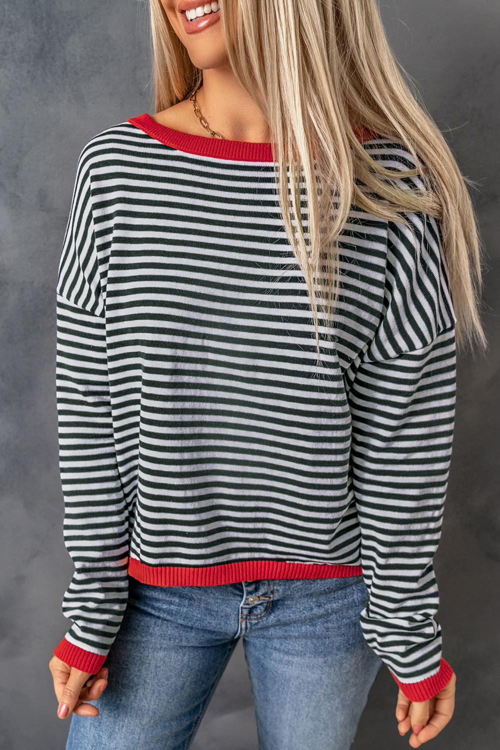 Fiery Red Striped Contrast Trimmed Drop Shoulder Sweater - loveforevers