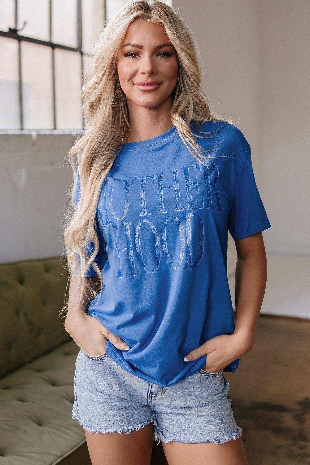 Sky Blue Vintage MOTHERHOOD Letter Graphic T Shirt - loveforevers