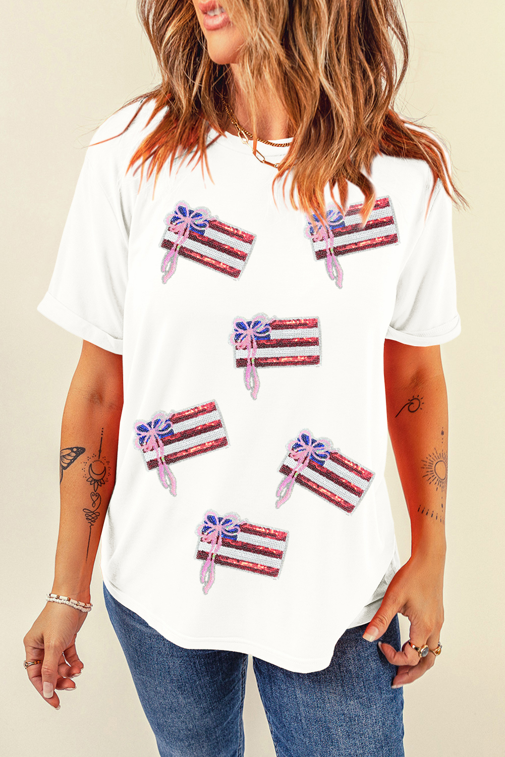 White Sequin Bow American Flag Patched T Shirt - loveforevers