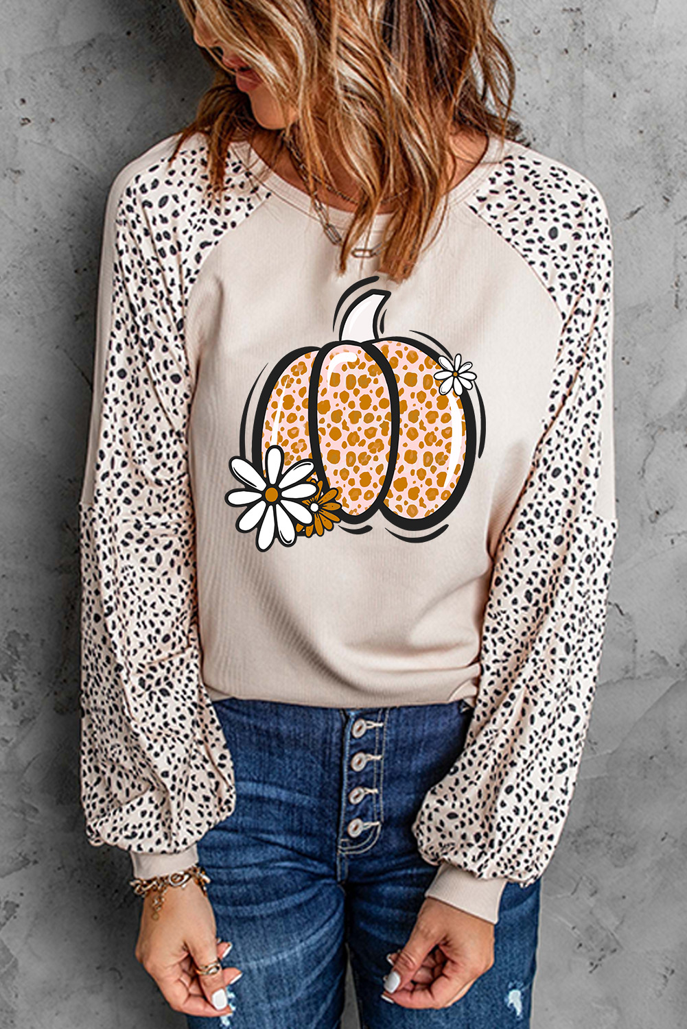 Khaki Leopard Raglan Long Sleeve Floral Pumpkin Graphic Top - loveforevers