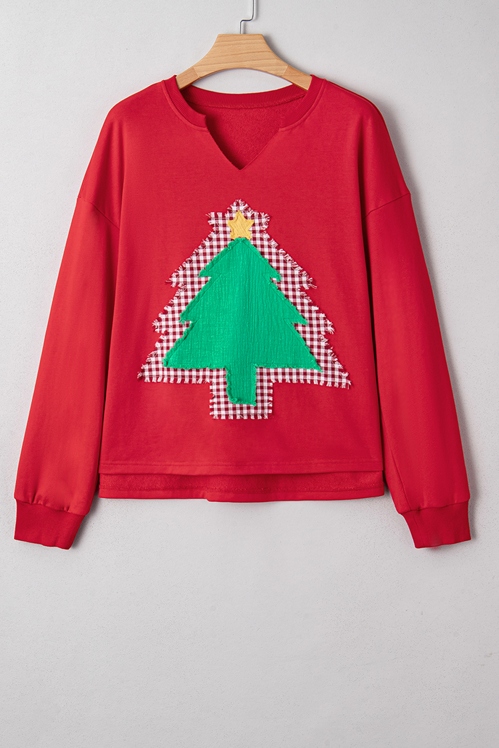 Fiery Red Plaid Frayed Double Christmas Tree Patched Drop Shoulder Sweatshirt - loveforevers