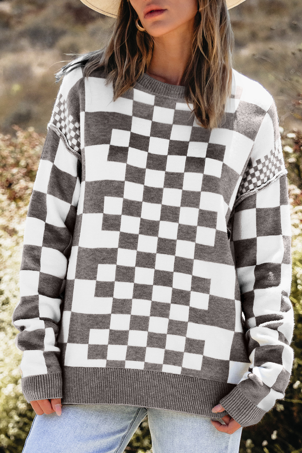 Khaki Checkered Print Drop Shoulder Round Neck Sweater - loveforevers