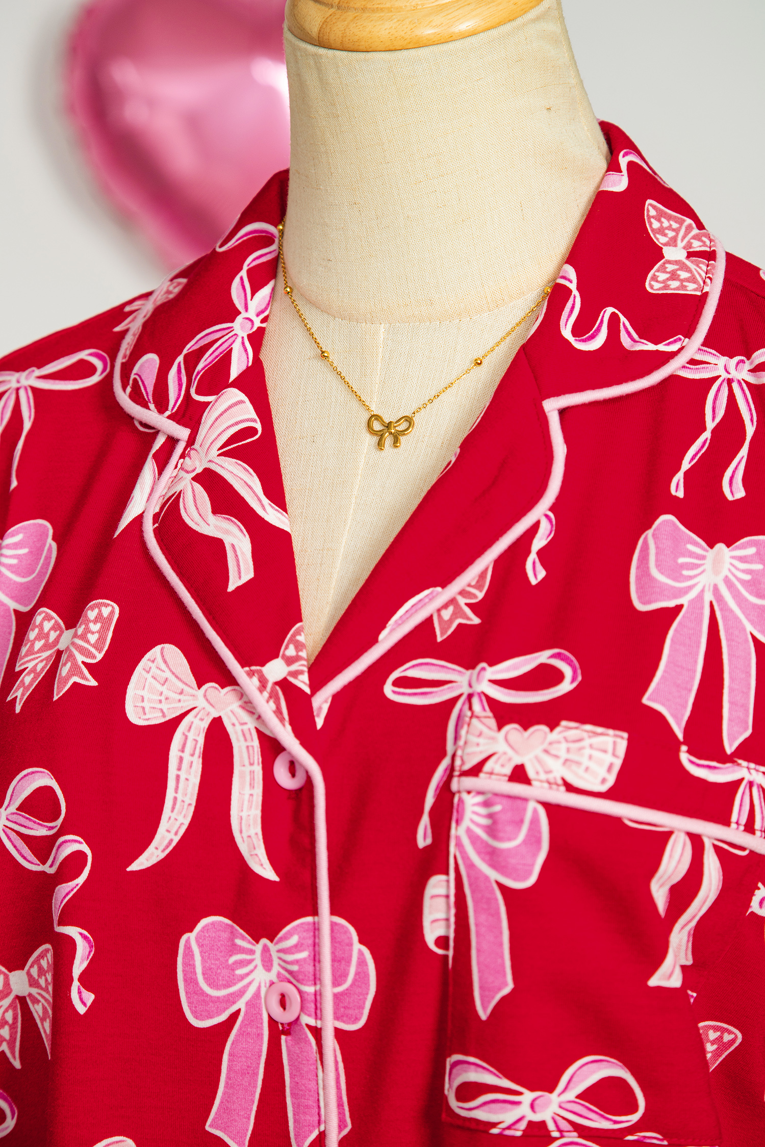 Red Sweet Bow Print Shirt Style Top Long 2pcs Pajama Set - loveforevers