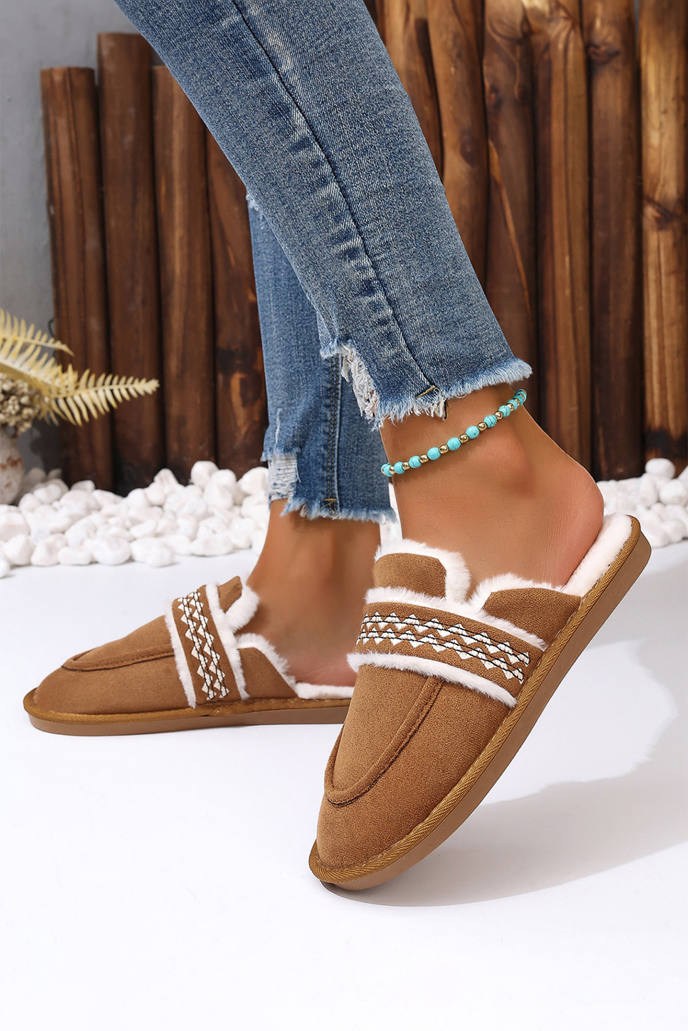 Chestnut Suede Wavy Striped Plush Lined Slippers (Run Small, Size Up) - loveforevers