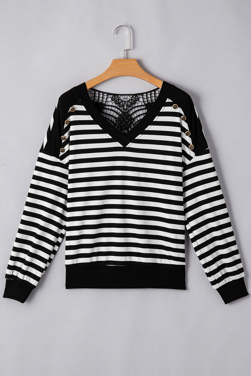 Black Stripe Crochet Hollow-out Back Buttoned Shoulder V Neck Top - loveforevers