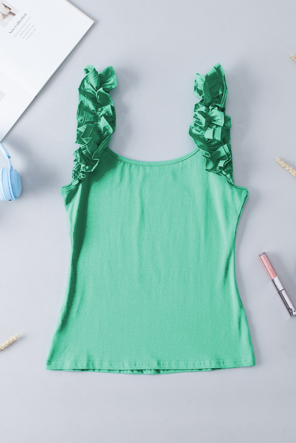 Mint Green Ruffled Wide Straps Slim Tank Top - loveforevers