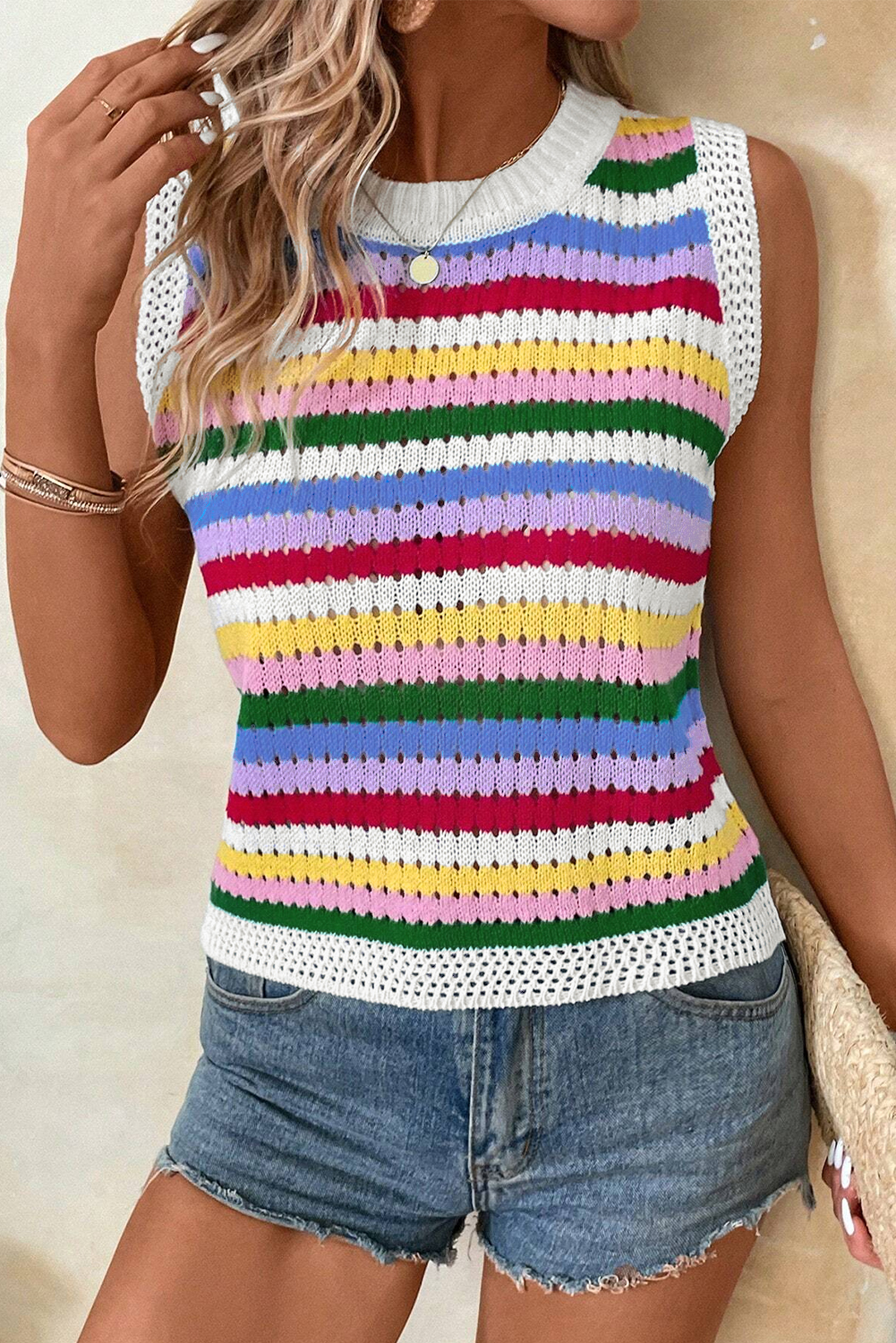 Multicolour Striped Knitted Eyelet Slim Sweater Vest - loveforevers