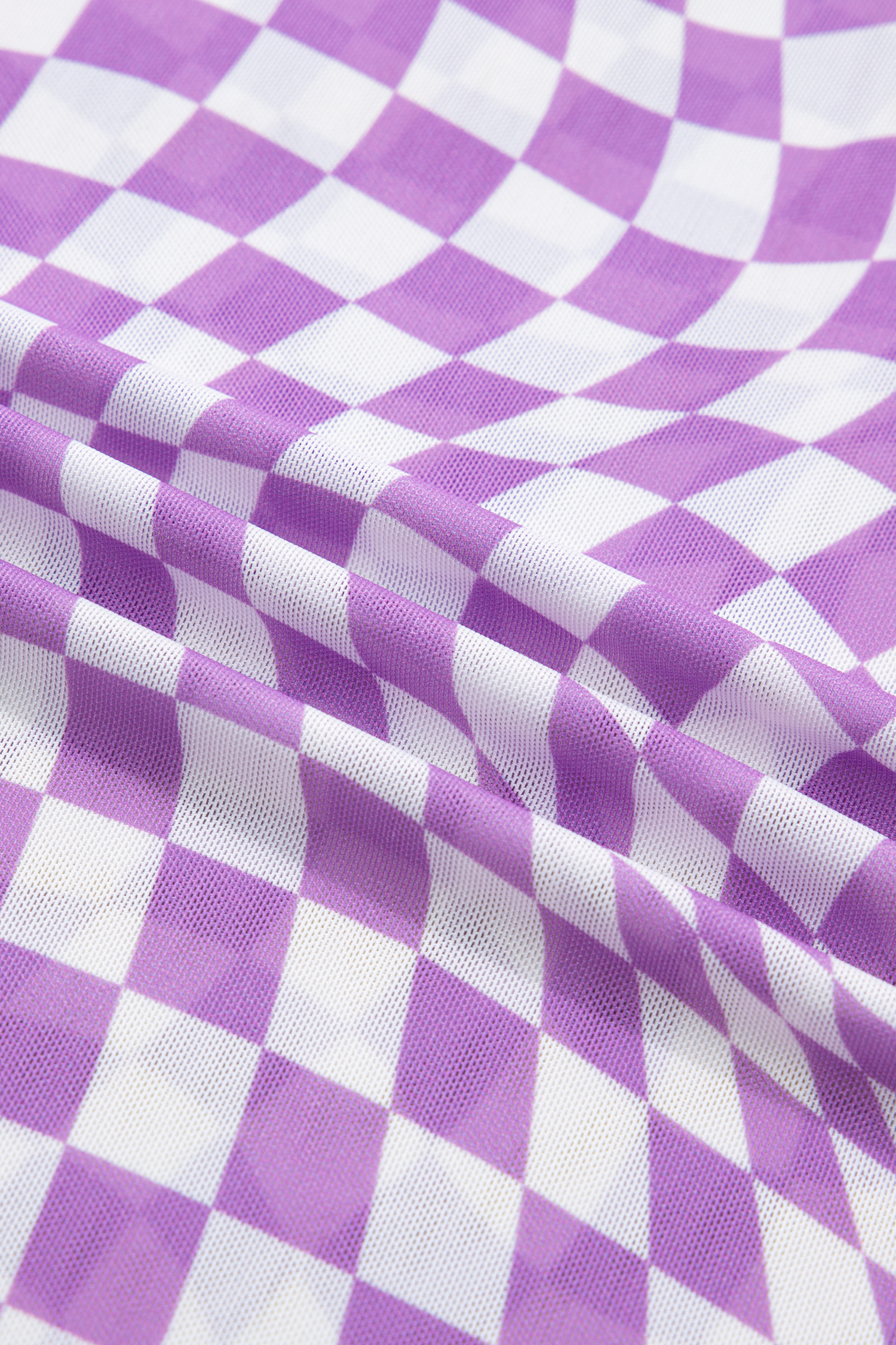 Purple Checkered Print Mock Neck Mesh T Shirt - loveforevers
