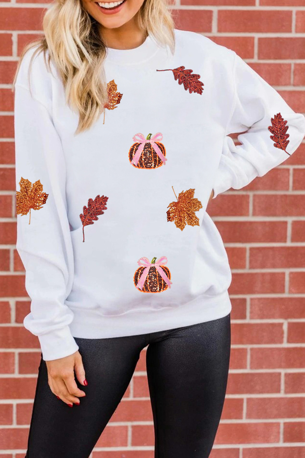 White Sequined Pumpkin Leaves Fall Vibe Graphic T Shirt - loveforevers