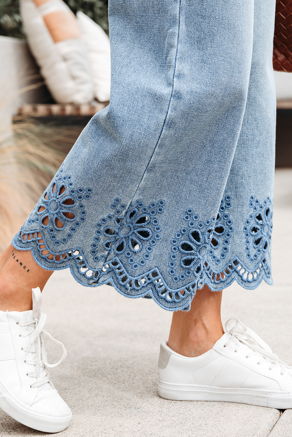 Dusk Blue Embroidered Cropped Wide Leg High Waist Jeans - loveforevers