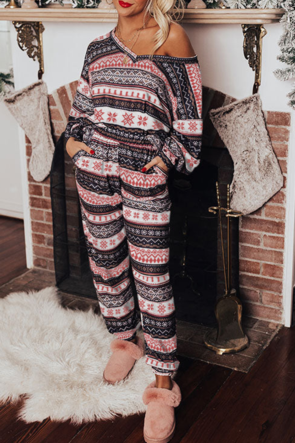Black Retro Christmas Pattern Loose Pullover 2pcs Lounge Pant Set - loveforevers