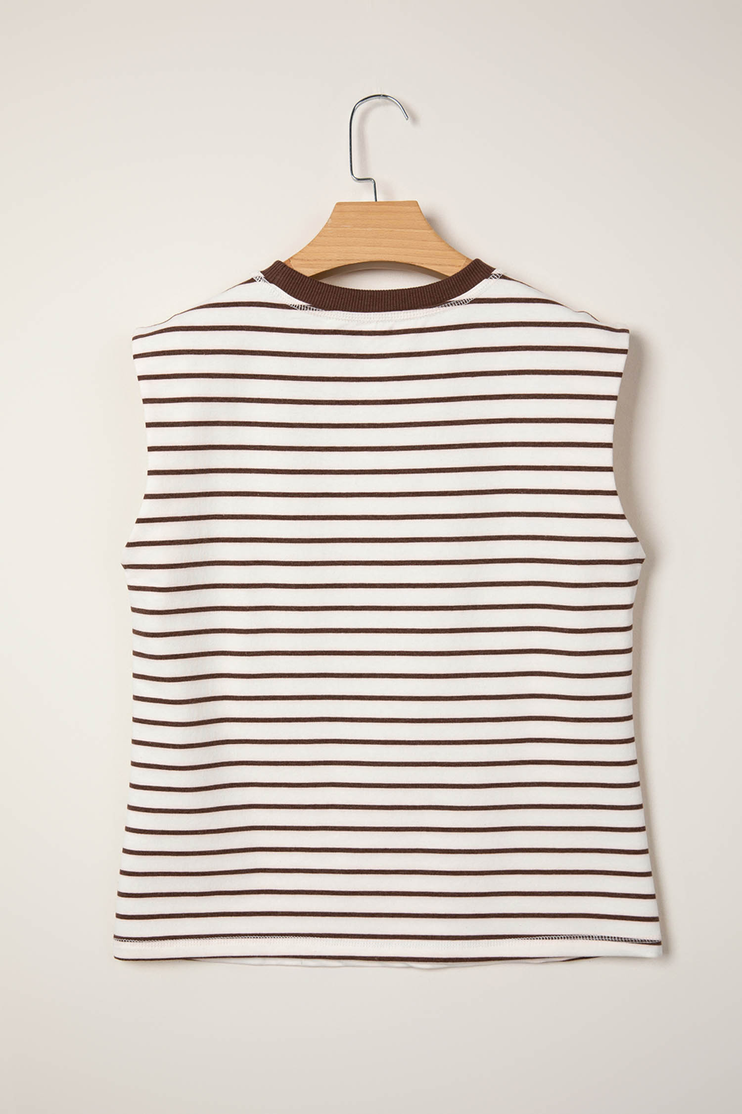 Brown Stripe Ribbed Round Neck Trim Loose Tank Top - loveforevers