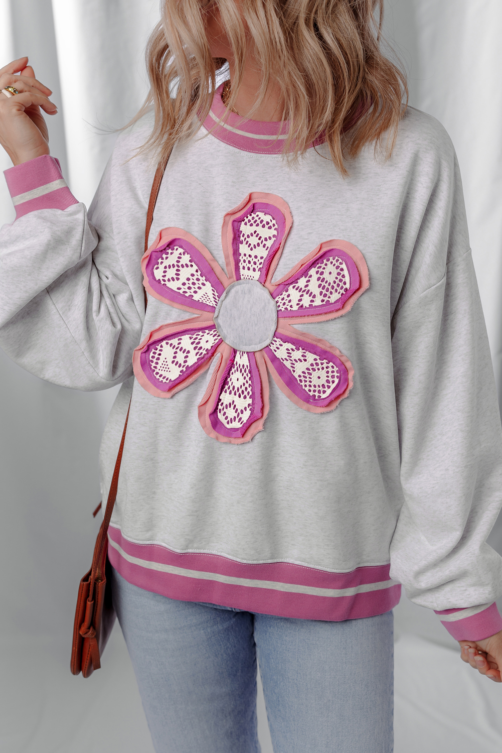 Gray Flower Patch Contrast Trim Crew Neck Sweatshirt - loveforevers
