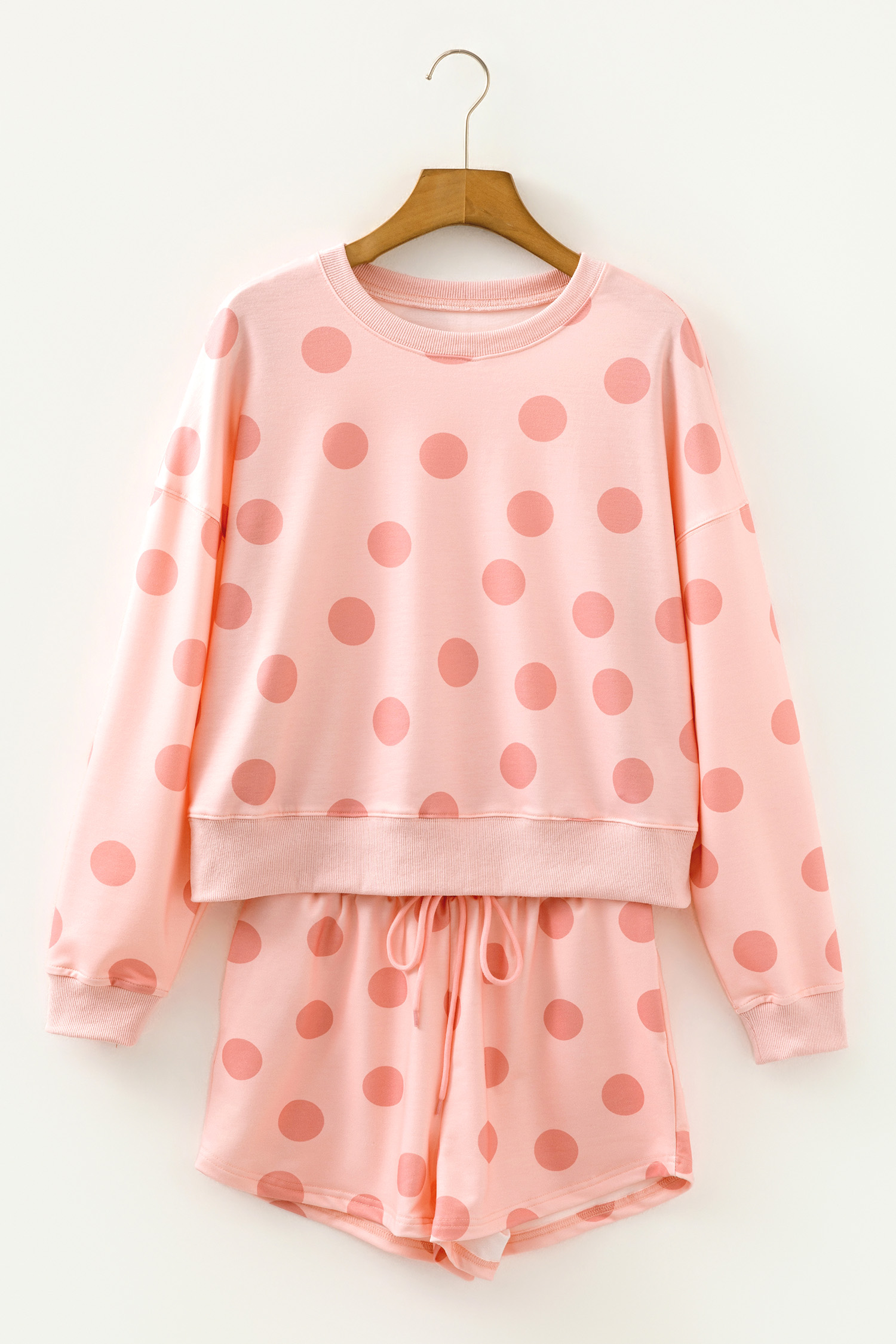 Beige Polka Dot Print Drop Shoulder Pullover Drawstring Jogger Pant Set - loveforevers