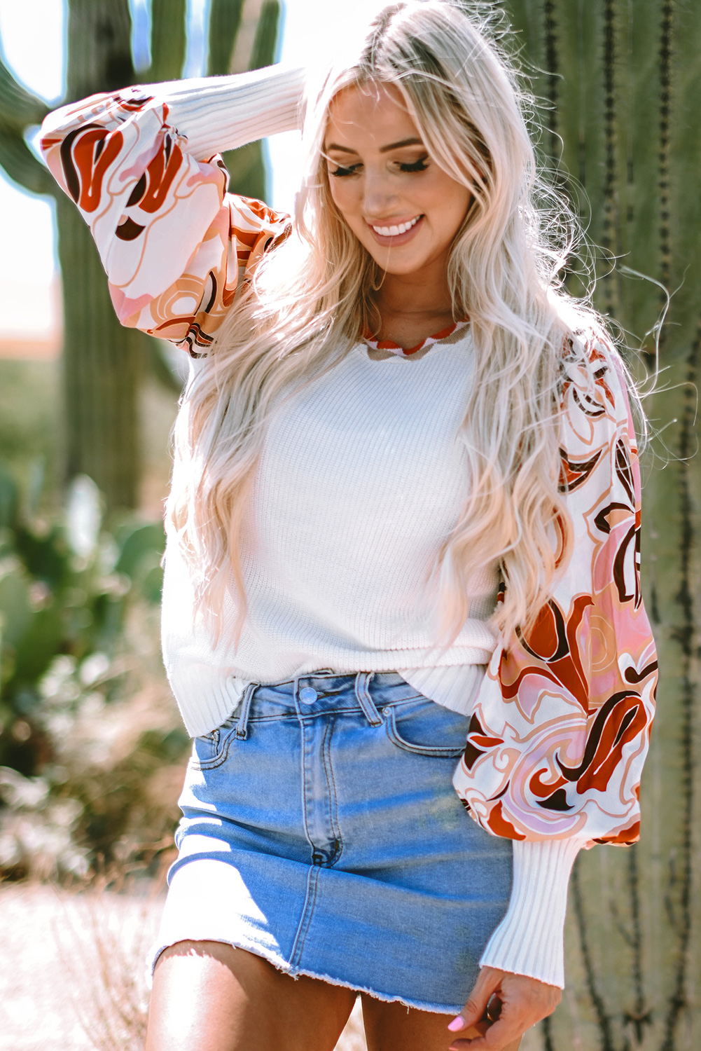 White Floral Patch Bishop Sleeve Sweater - loveforevers