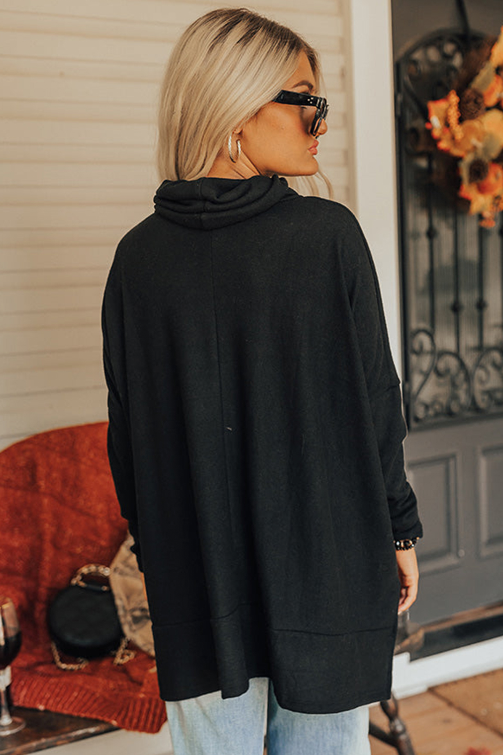 Black Valentines Chenille Heart Patched Dolman Sleeve High Neck Split Top - loveforevers
