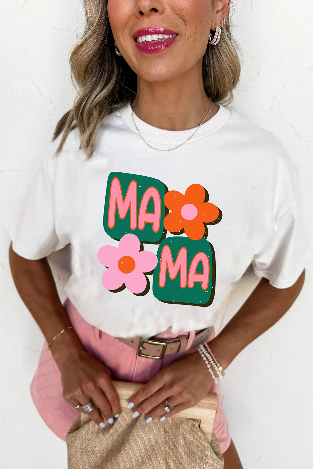 White MAMA Flower Graphic Crewneck Tee - loveforevers