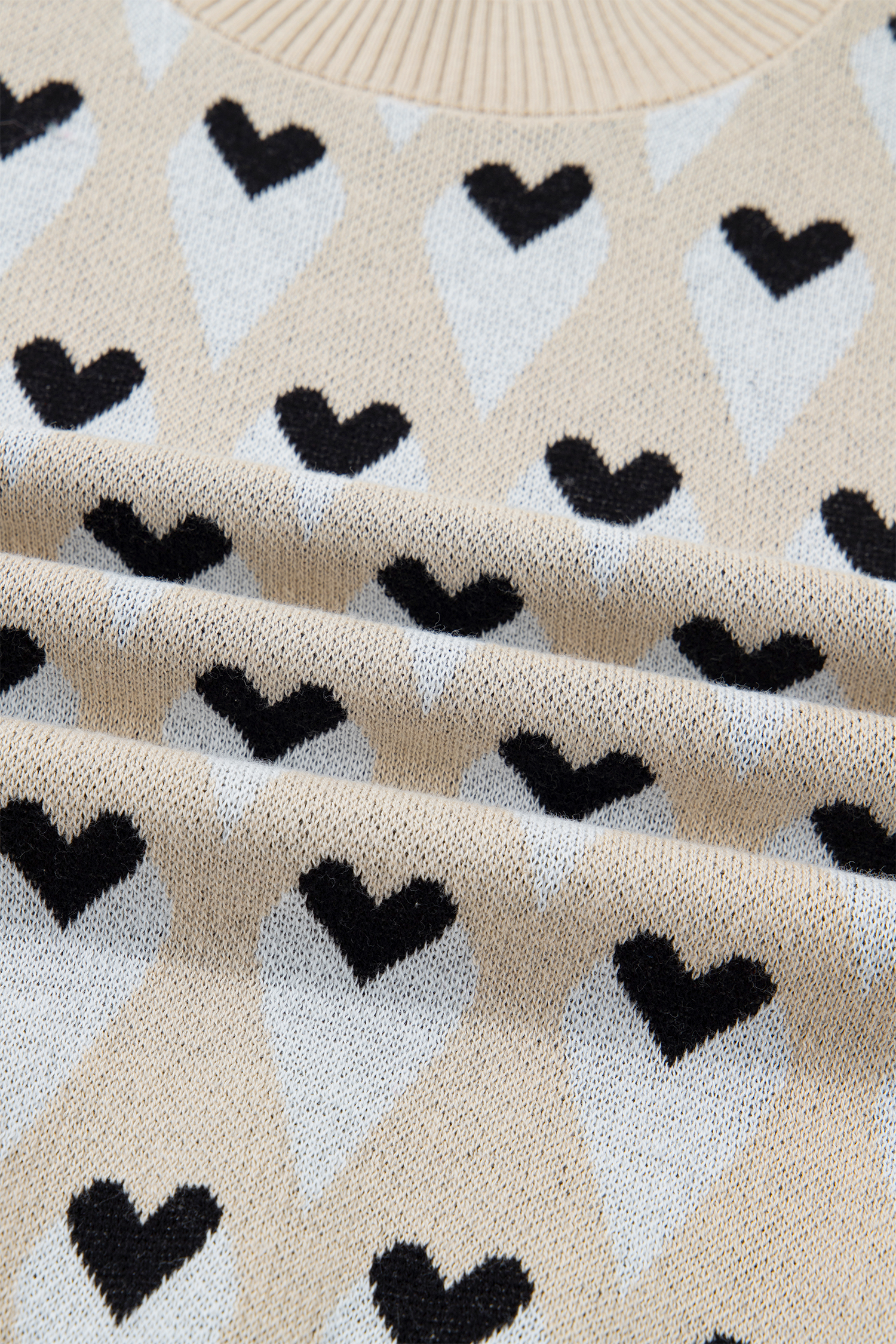 Parchment Geometric Heart Print Ribbed Trim Loose Sweater - loveforevers