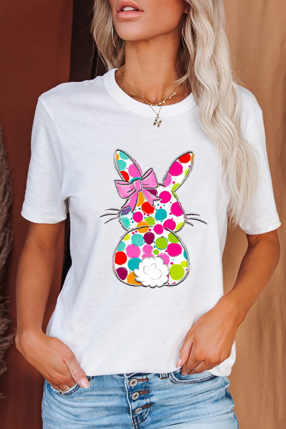 White Polka Dot Bow Rabbit Graphic Crewneck Easter Fashion Tee - loveforevers