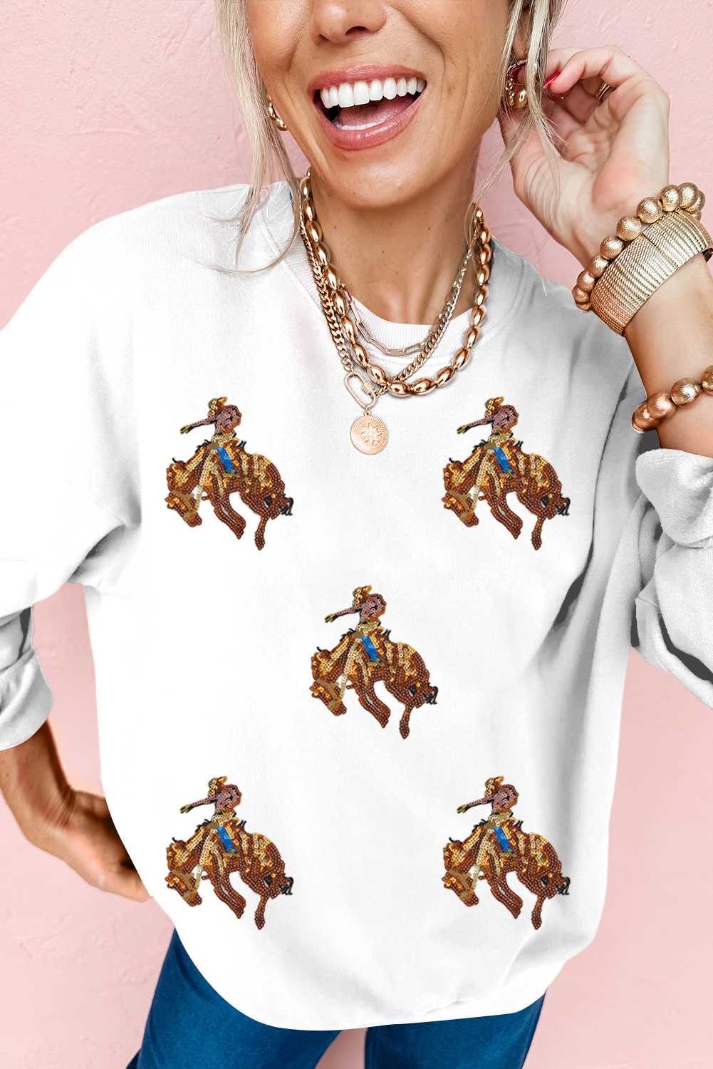 White Sequin Rodeo Patched Drop Shoulder Sweatshirt - loveforevers
