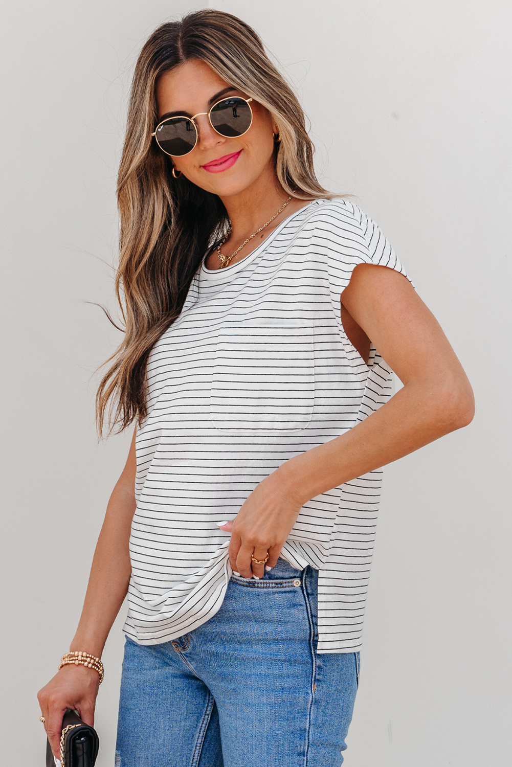 White Stripe Cap Sleeve Crew Neck Casual Tee with Chest Pocket - loveforevers