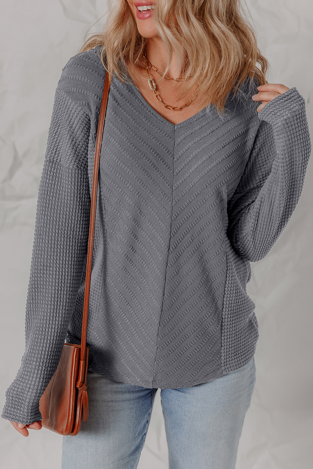 Sleet V Neck Chevron Texture Patchwork Long Sleeve Knit Top - loveforevers