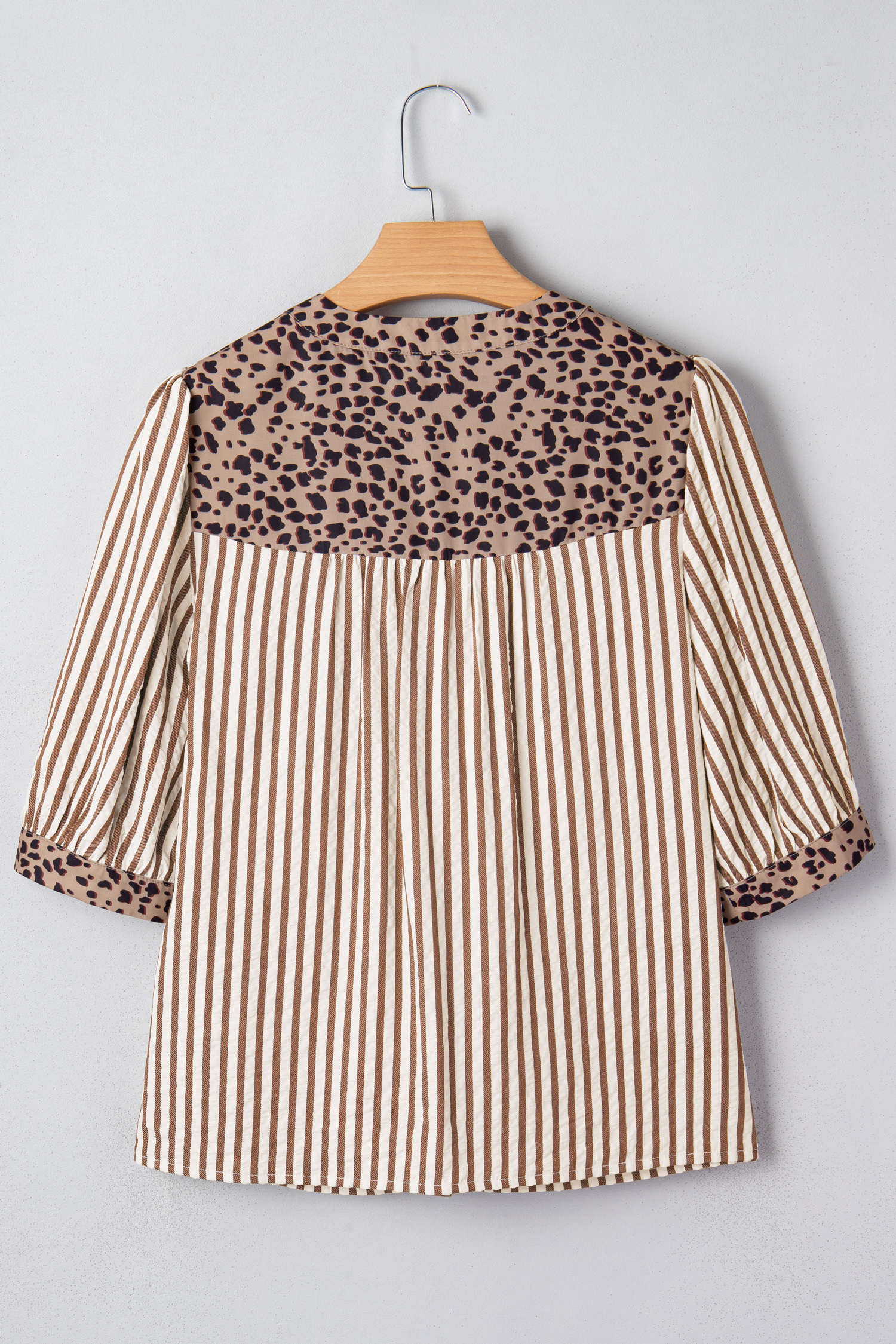 Sky Blue Stripe Leopard Trim V Neck Button Down Half Sleeve Shirt - loveforevers
