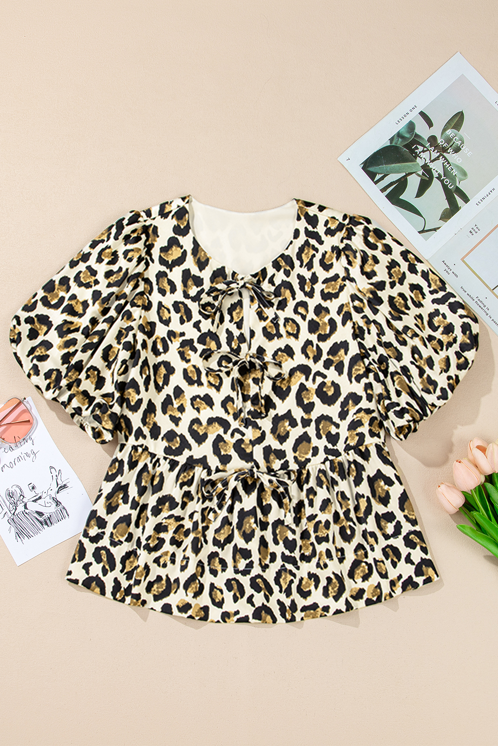 Apricot Leopard Bubble Sleeve Bow Tie Front Peplum Blouse - loveforevers
