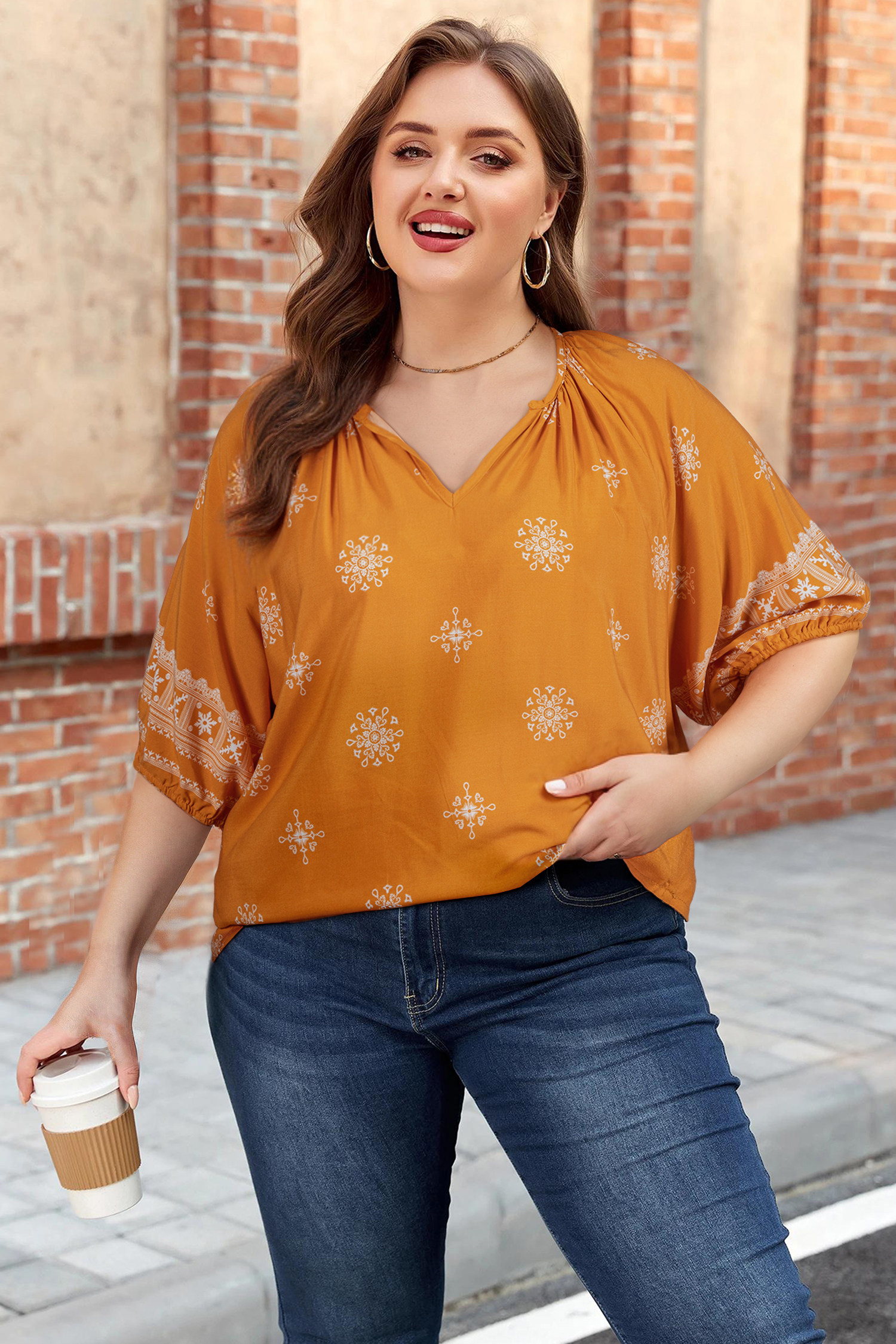 Yellow Boho Chic Notched V Neck Plus Floral Short Sleeve Top - loveforevers