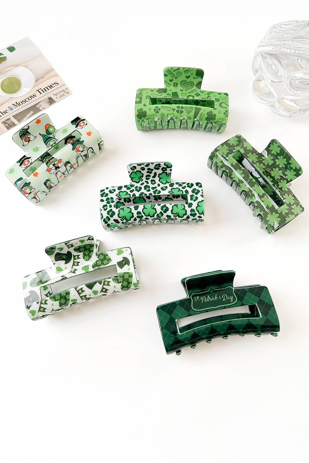 Grass Green St Patricks Clover Print Hollow Out Square Hair Clip - loveforevers