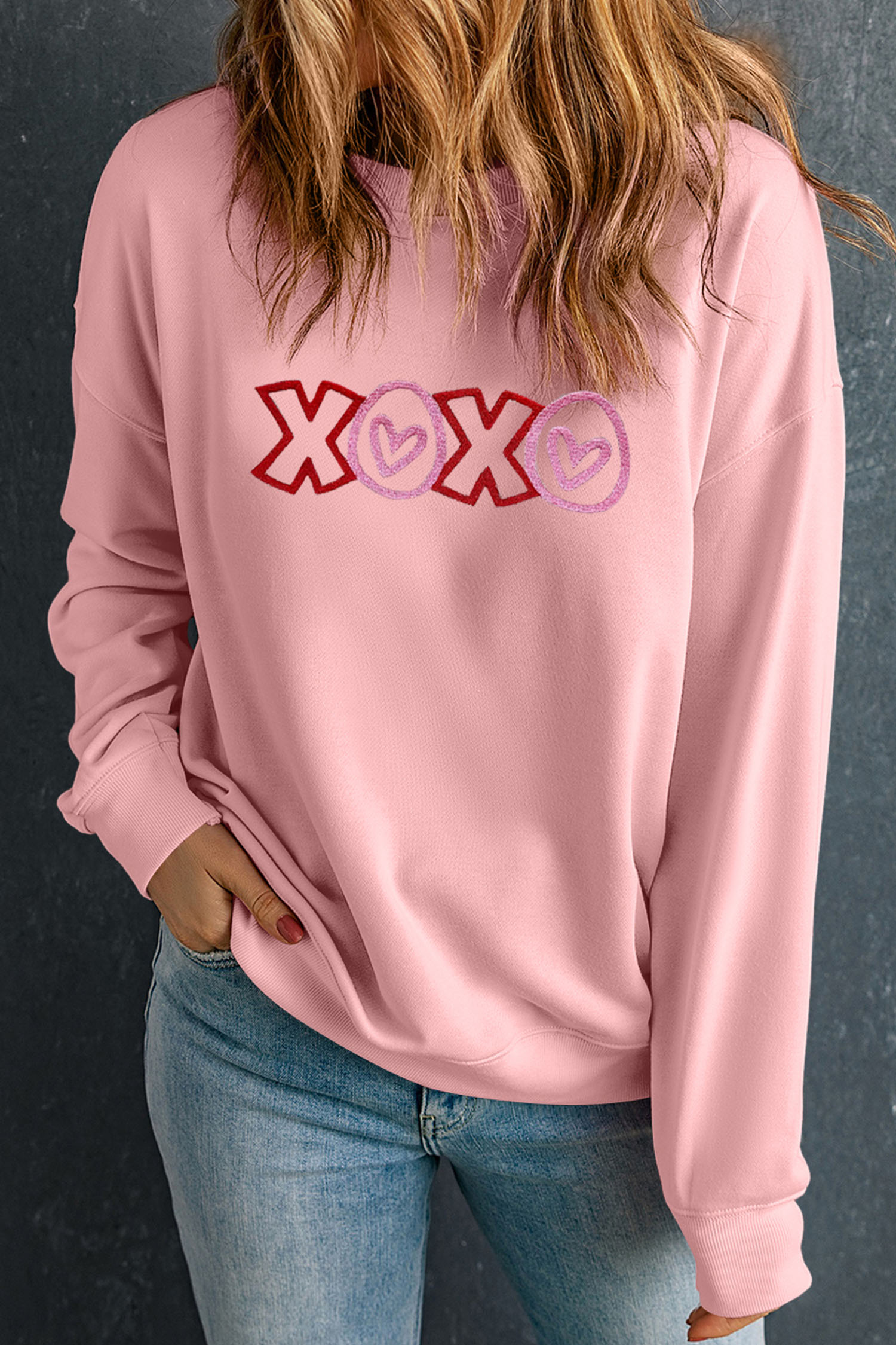 Pink XOXO Playful Embroidered Valentines Day Sweatshirt - loveforevers