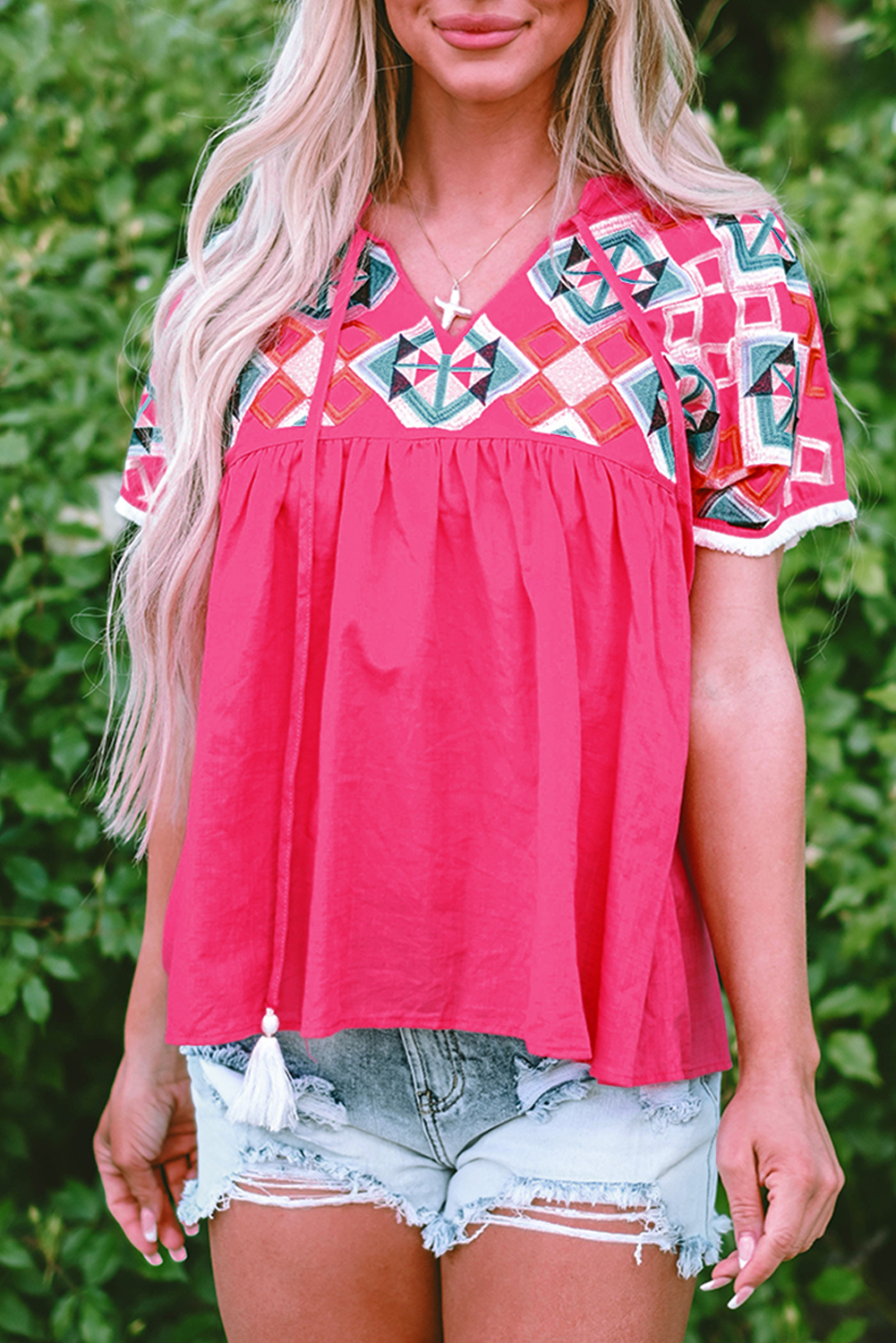 Strawberry Pink Geometric Embroidered Tassel Tie V Neck Blouse - loveforevers