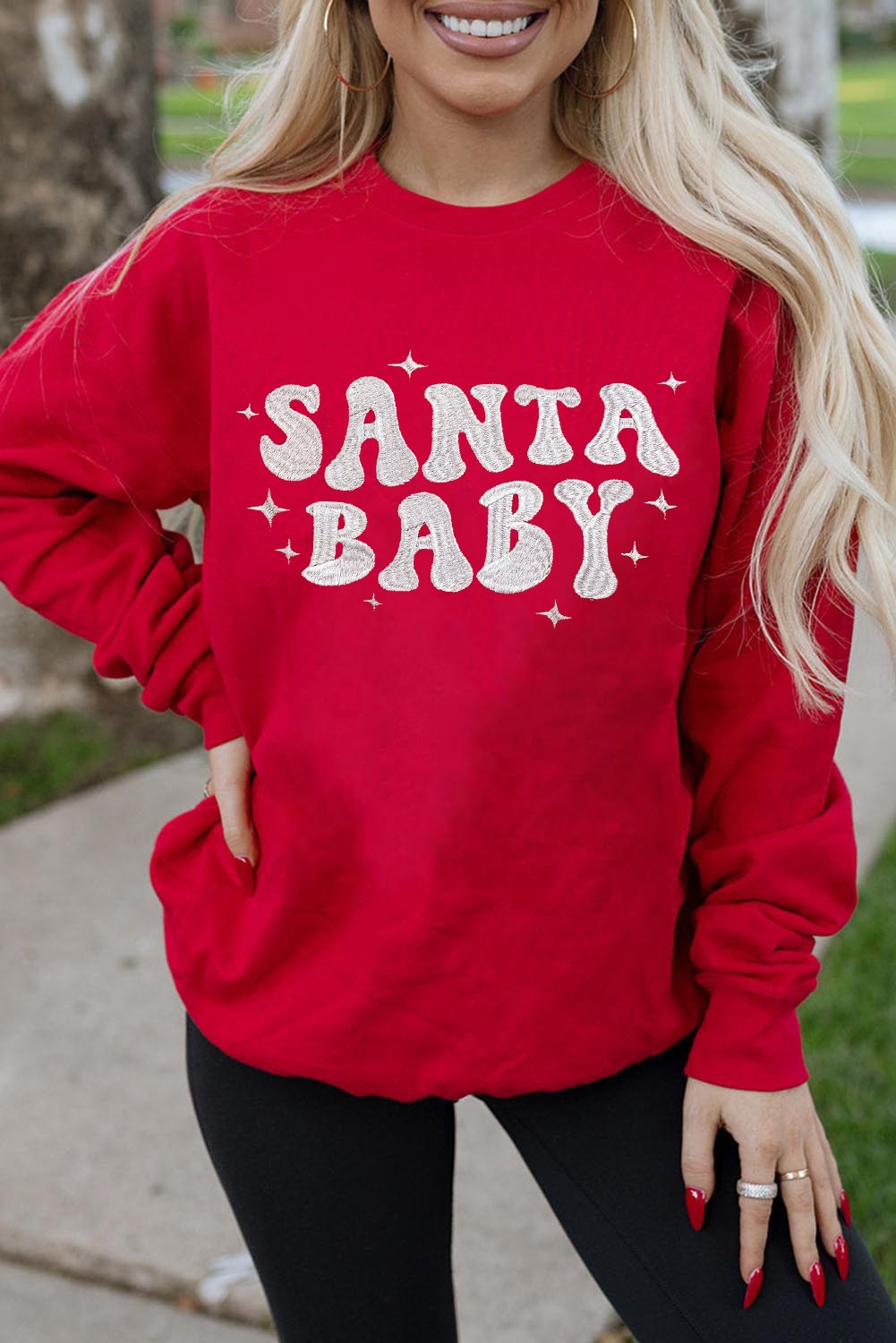 Red SANTA BABY Embroidered Crewneck Christmas Sweatshirt - loveforevers