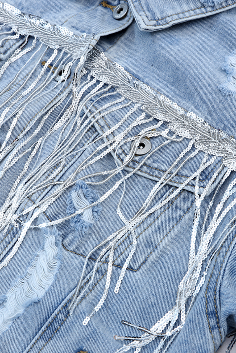 Sky Blue Sequin Embellished Fringe Distressed Denim Jacket - loveforevers