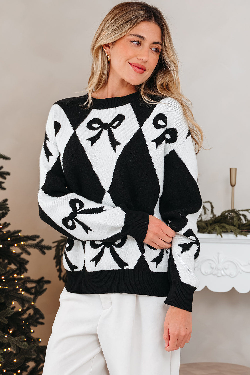 Black Bow Print 2-tone Rhombus Knit Loose Sweater - loveforevers