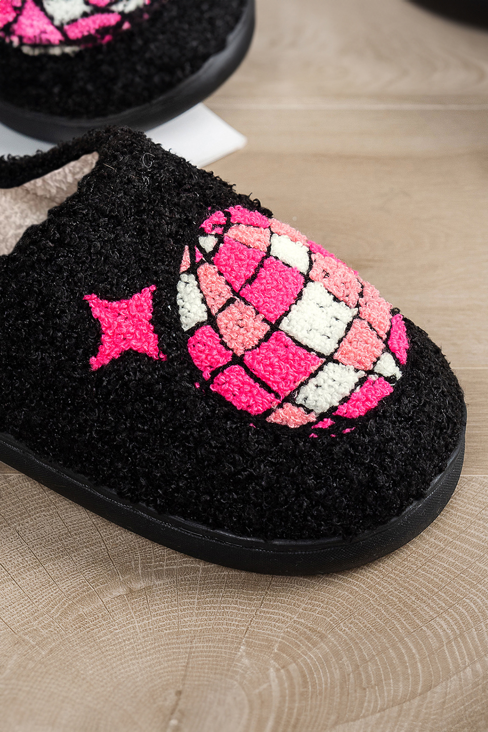 Black Disco Ball Print Fuzzy Winter House Slippers - loveforevers