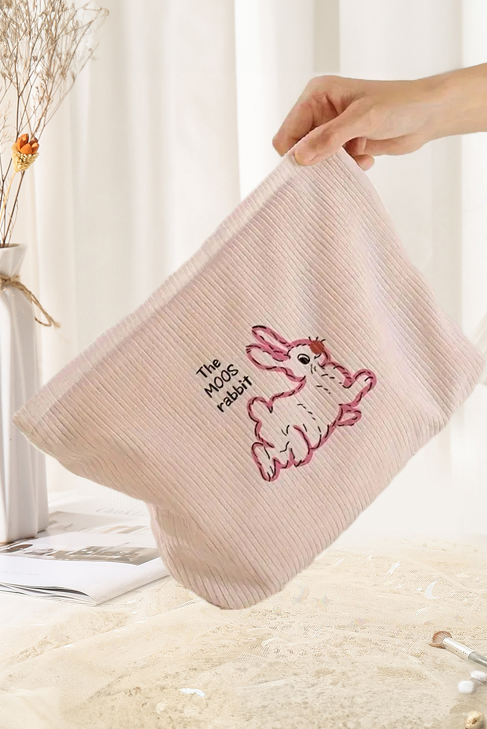 White Easter Rabbit Print Corduroy Makeup Storage Bag - loveforevers
