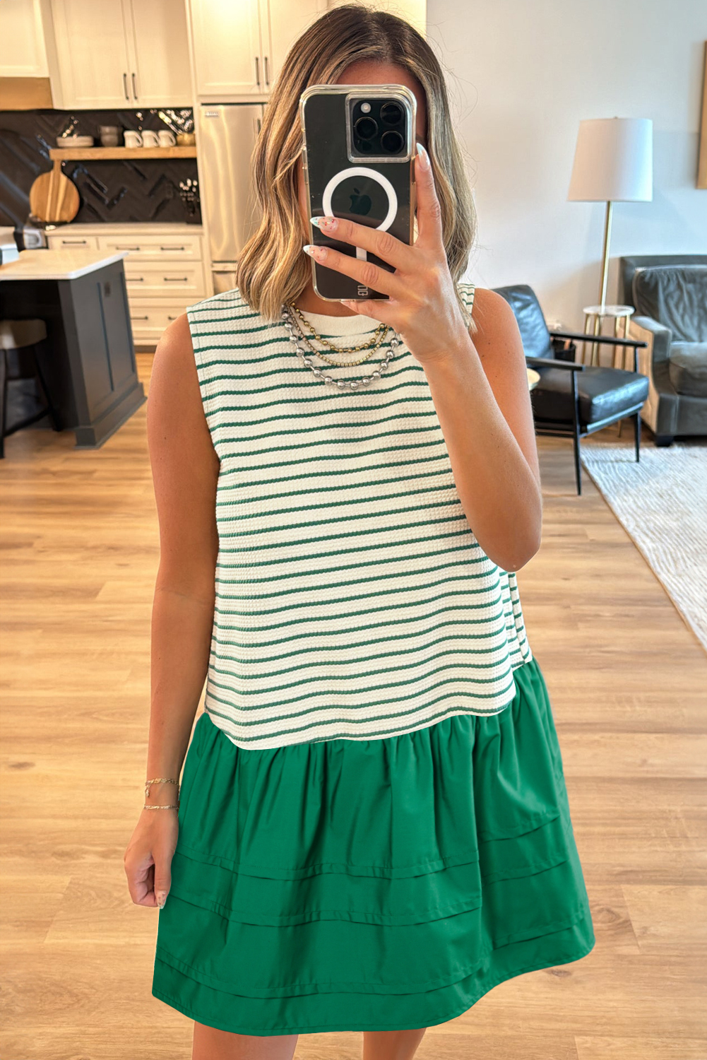 Green Stripe Woven Ruffled Sleeveless Mini Dress - loveforevers