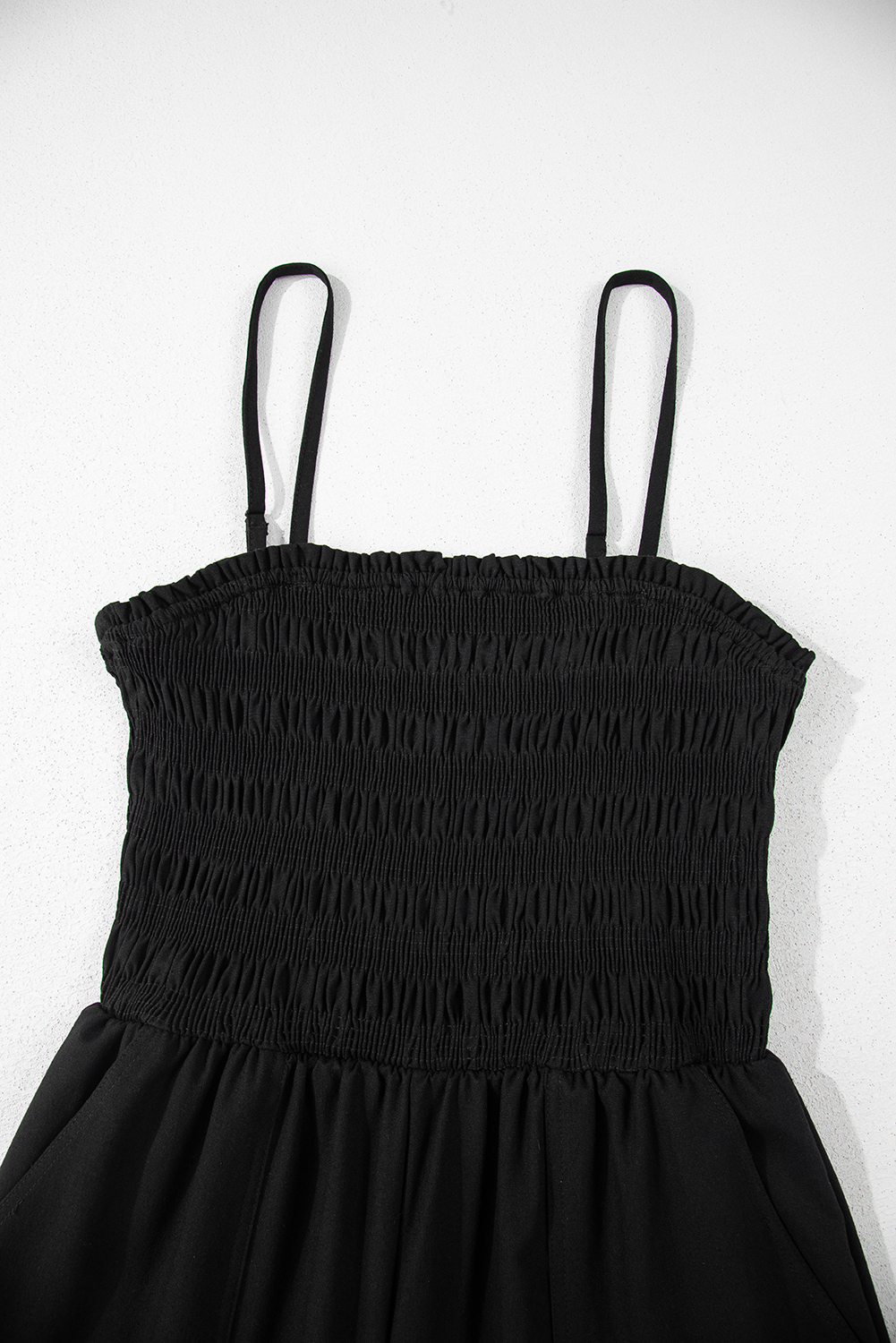 Black Spaghetti Straps Shirred Bodice Pocketed Wide Leg Jumpsuit - loveforevers