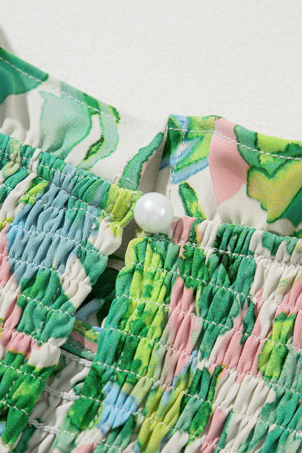 Green Leafy Printed Flounce Sleeve Shirred Mock Neck Blouse - loveforevers