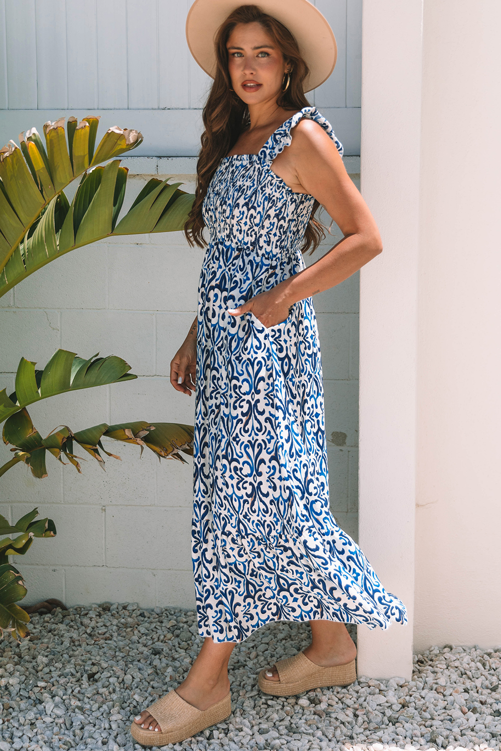 Sky Blue Boho Print Smocked High Waist Maxi Dress - loveforevers