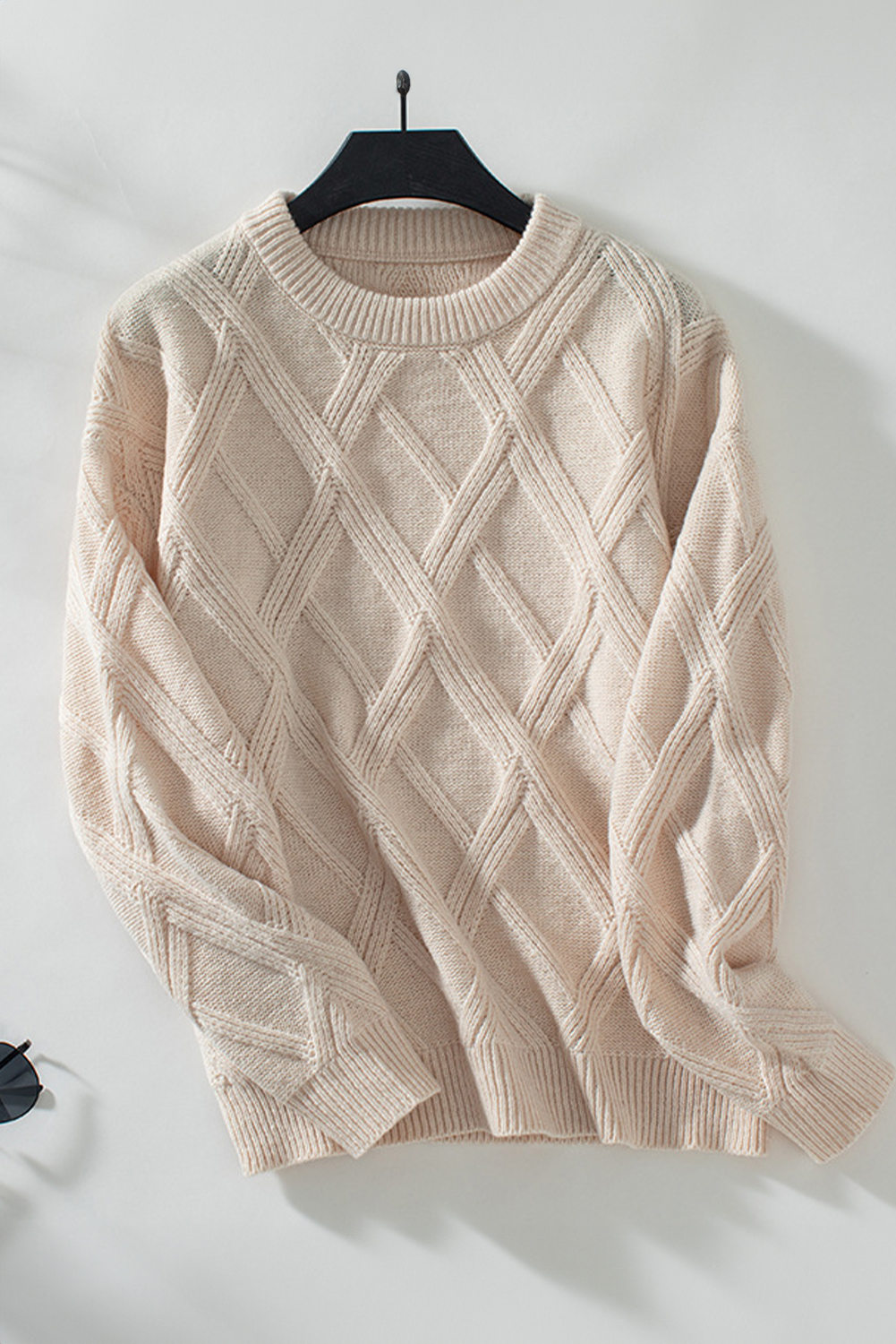 Apricot Diamond Pattern Textured Crew Neck Sweater - loveforevers