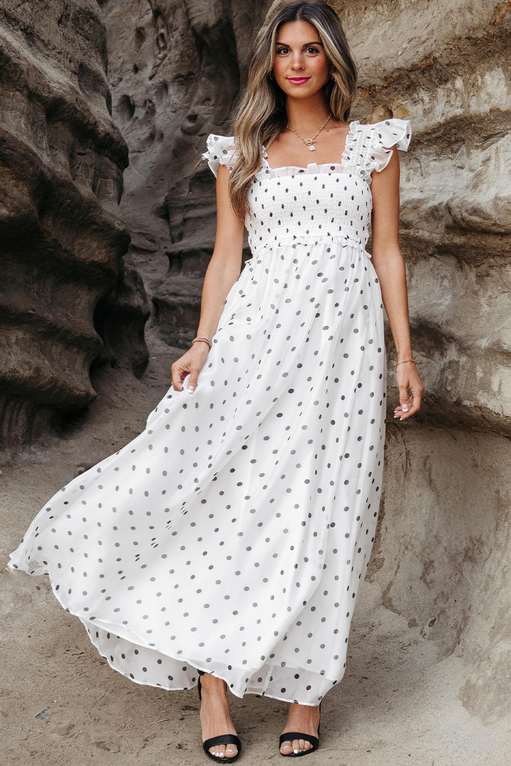 White Polka Dot Flutter Sleeve Square Neck Smocked Maxi Dress - loveforevers