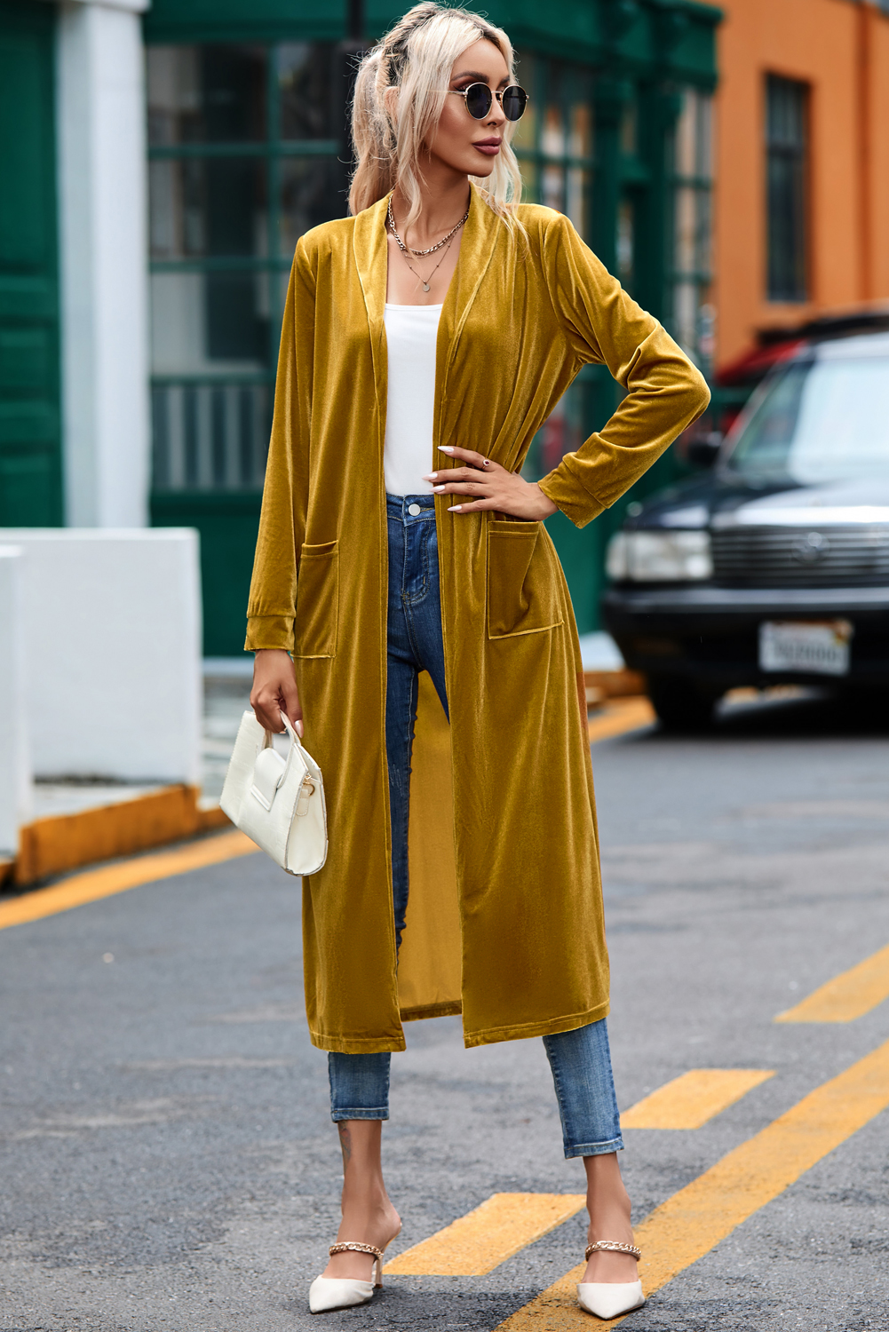 Yellow Velvet Open Front Pocketed Long Duster - loveforevers