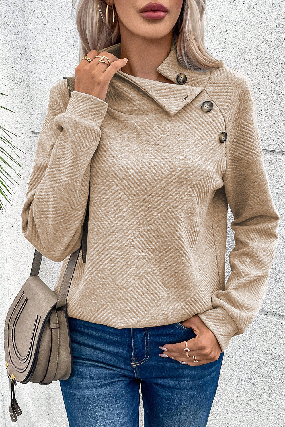 Apricot  Asymmetric Buttons Detail High Neck Textured Sweatshirt - loveforevers