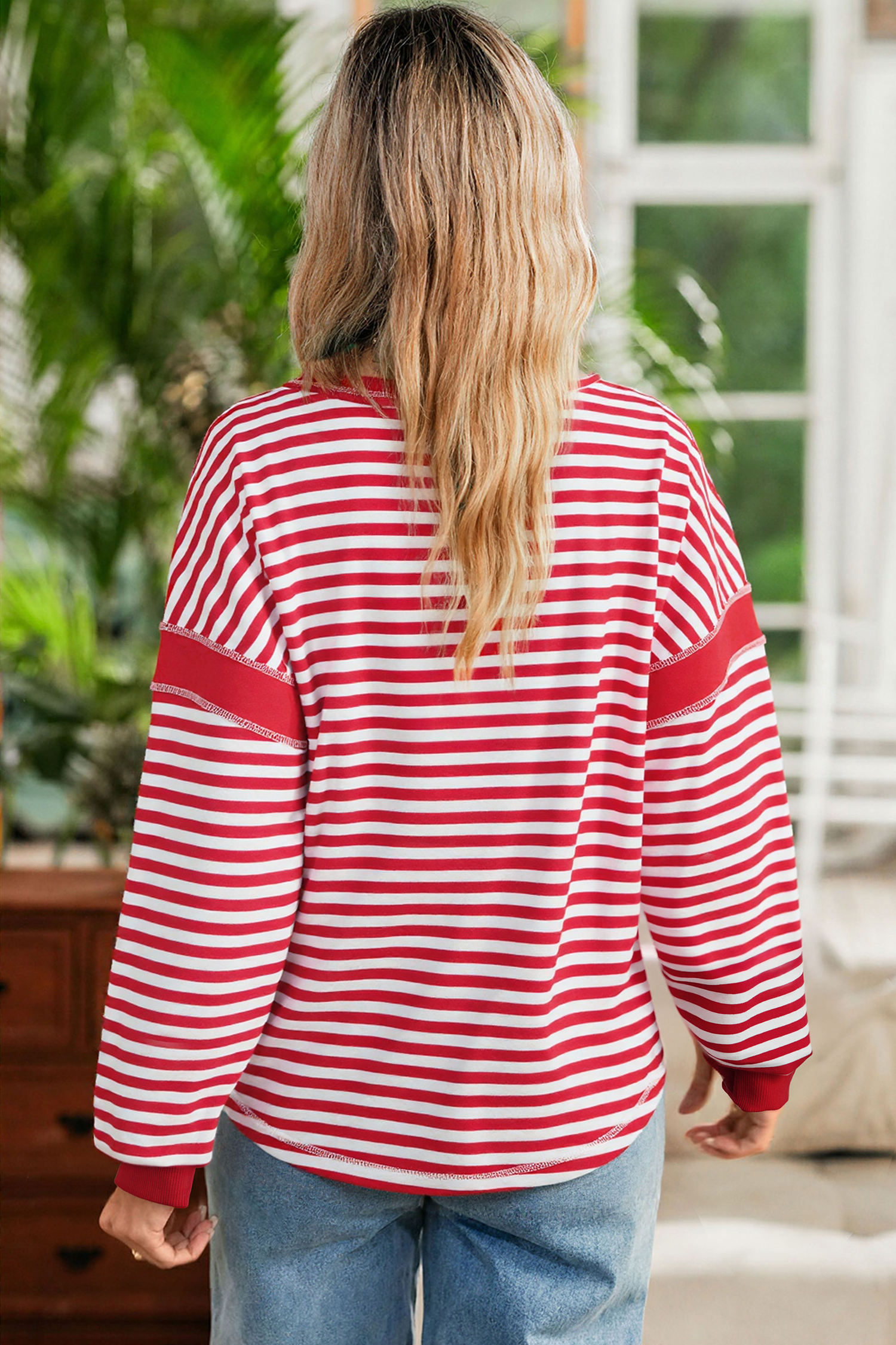 Red Stripe Exposed Seam V Neck Balloon Sleeve Pullover - loveforevers