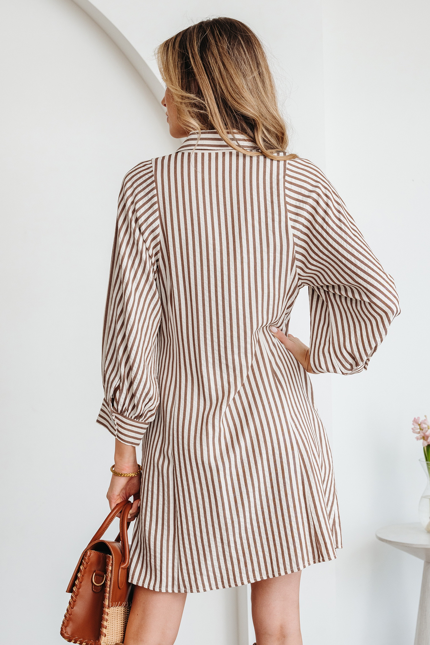 Brown Stripe Knot Waist Puff Sleeve Button Down Mini Shirt Dress - loveforevers