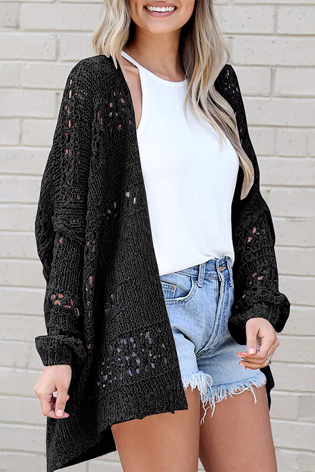 Black Casual Hollowed Knit Dolman Sleeve Cardigan - loveforevers